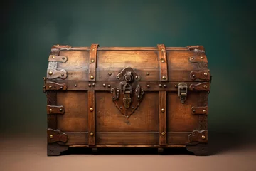 Foto op Canvas An aged wooden trunk with metal accents, evoking the mystery of a treasure chest from the past, highlighting its unique design and brown retro aesthetic. © EdNurg