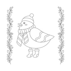 Set of Christmas bird in a red hap, scarf, and boots, frame with branch.