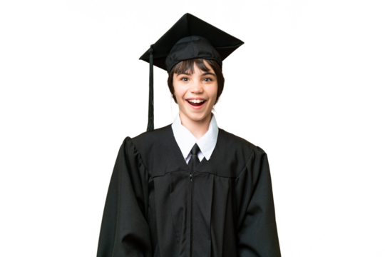 Little university girl over isolated background with surprise facial expression