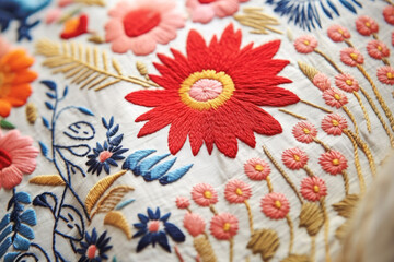 Obraz na płótnie Canvas A vibrant display of colorful flowers and decorative patterns in embroidery, creating a textured and detailed fabric background.
