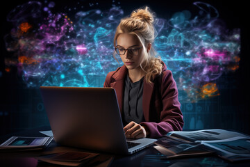 Portrait of a happy young woman looking at her laptop while online brainstorming with coworkers.