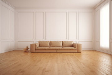 Simple living room with wooden floor and white walls with a brown sofa in the middle of the room.