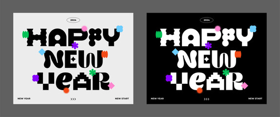 2024 Happy New Year typography. Trendy geometric element. Cool background. Playful abstract shape sticker. Brutalism aesthetic modern font type. Retro style design. Colorful flat vector illustration. - 691417028
