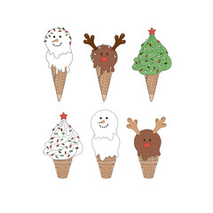 Christmas ice cream cone snowman reindeer Christmas tree shape cold dessert vector illustration set isolated on white. Xmas holiday festive season treats sweets snacks food print.