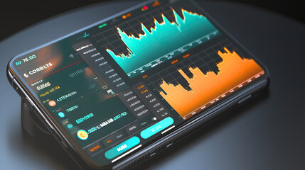 Tablet screen showing stock graphs, macro shot on black background