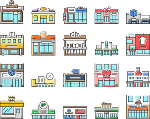store shop retail market icons set vector. business building, supermarket buy, sale city, front commercial, grocery delivery store shop retail market color line illustrations