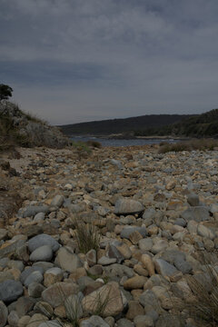 A pebbly creek bed descending to the seaside.