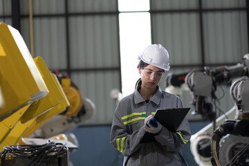 Female worker working robotics arms warehouse, using clipboard checking and inspecting parts of...