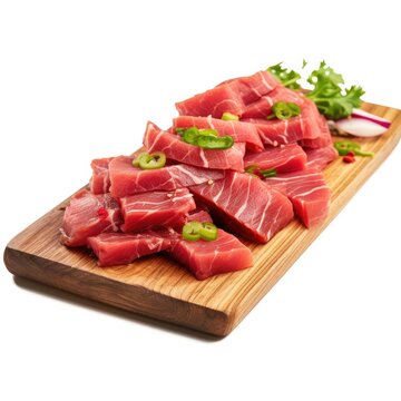 Raw Beef Slices on Wooden Board