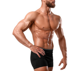 Fototapeta na wymiar Young bodybuilder with muscular body on white background, closeup