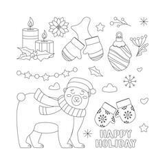 Set of Christmas toy, gloves, snowflakes, candles, bear, text, garland.