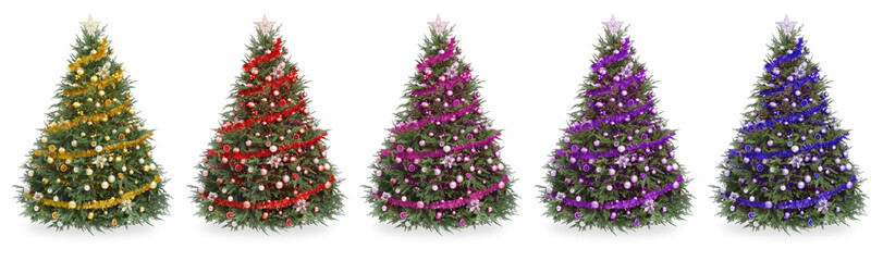 Fototapeta na wymiar Christmas trees decorated in different colors isolated on white, collection