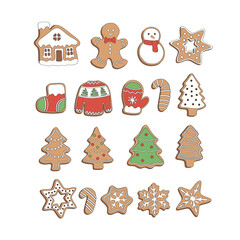Gingerbread cookies snowman sock sweater mitten Christmas tree snowflake shape vector illustration set isolated on white. Xmas holiday festive season treats sweets snacks food print collection.