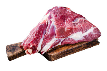 Raw lamb mutton thigh on butcher table.  Transparent background. Isolated. - obrazy, fototapety, plakaty