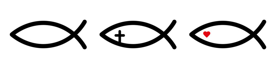 Christian fish icon set basic simple design - obrazy, fototapety, plakaty