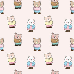 Seamless Pattern of Cute Cartoon Bear Characters on Light Pink Background