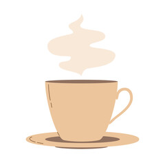 Brown cup of hot coffee or tea with a steam. Modern flat vector illustration isolated on white background