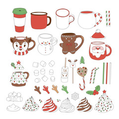 Christmas drink creator Santa Claus Snowman Reindeer Gingerbread cup mug teapot vector seamless pattern. Xmas holiday festive season treats sweets snacks food background.