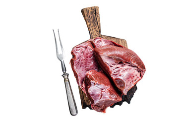 Raw cutted Beef or veal heart on a butcher board. Transparent background. Isolated.