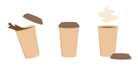Collection of brown paper cups of hot coffee or tea with a lids. Coffee to go. Modern flat vector illustration isolated on white background - obrazy, fototapety, plakaty