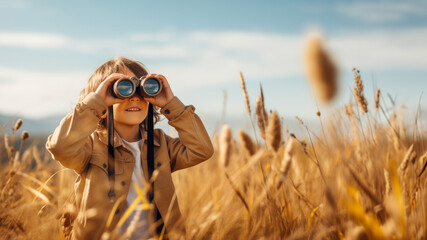 Cute little child looking through binoculars on sunny summer day. Young kid exploring nature. Family time outdoors, active leisure for children. - obrazy, fototapety, plakaty