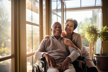 Beautiful loving couple in a retirement home. Senior man in a wheelchair laughing happily with a senior lady in a nursing home. Housing facility intended for the elderly people. - obrazy, fototapety, plakaty