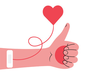 Card with hand of the donor, donating blood and plazma, holding a stress ball, showing thumb up hand gesture. Isolated vector illustration in flat design