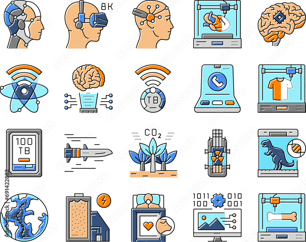Aufkleber future techology digita modern icons set vector. tech science, futuristic data, internet computer, c