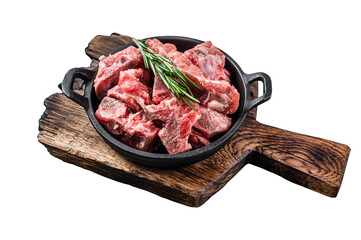 Raw diced meat cubes with bone in a pan.  Transparent background. Isolated.