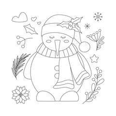 Set of Christmas snowman in a scarf and hat with a sprig of mistletoe and berries.
