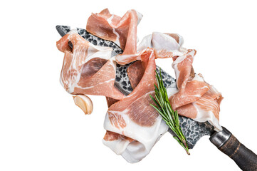 Dry cured Prosciutto crudo parma ham on a butcher knife.  Transparent background. Isolated.