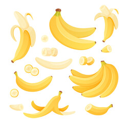 Cartoon bananas set. Vector banana icons, half peeled and slice banana snack, bunch of bananas. Yellow tropical fruits. Exotic sweet desserts. Healthy vegan food illustration. Vegetarian nutrition