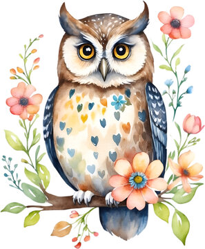 Watercolor of an owl with flowers. 