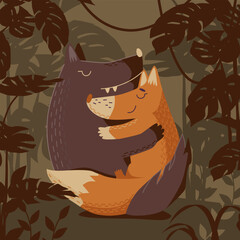 Wolf and fox hugging in the forest cute childrens vector illustration
