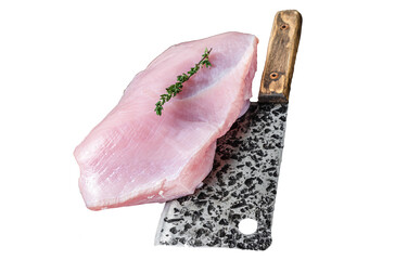 Raw turkey breast fillet on a wooden butcher board with meat cleaver. Transparent background....