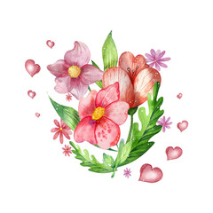 a composition of light watercolor flowers and small hearts. isolated on a white background. for Valentine's Day postcards and designs.