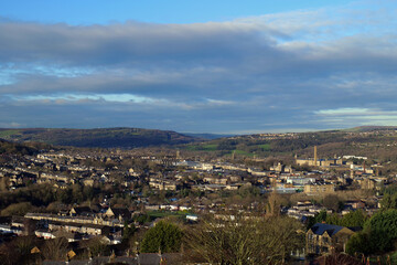 View looking down on Shipley and Saltaire in West Yorkshire on a sunny winter's morning. Two of the...