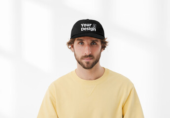 Mockup of man wearing customizable baseball cap