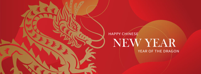 Happy Chinese new year banner with dragon on red background. Vector illustration for posters, flyers, greeting cards, banner, invitation. - obrazy, fototapety, plakaty