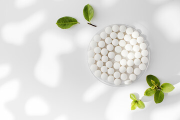 White round tablets with a natural composition. Tablets, minerals and vitamins. Copy space