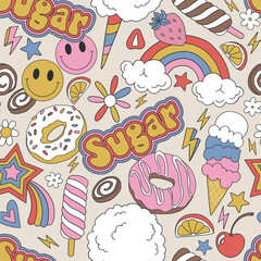 Sugar sweets donuts ice cream fruits berries smiley face rainbow vector seamless pattern. Groovy boho food background.