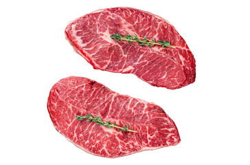 Raw Shoulder Top Blade cut, or Australia wagyu oyster blade beef steak.  Transparent background....