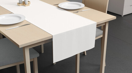 Blank wood table with white runner, dishes mockup, interior background