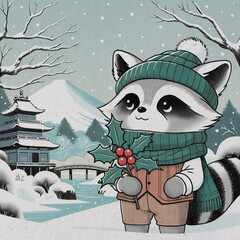 Charming hand-drawn illustration. Cute raccoon in winter outfit with holly