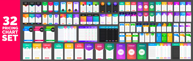 big 32 mega collection of UI UX mobile app pricing chart table Subscription design or website Pricing chart table design template. Product Plan Offer Price Package Subscription Comparison Chart bundle - obrazy, fototapety, plakaty