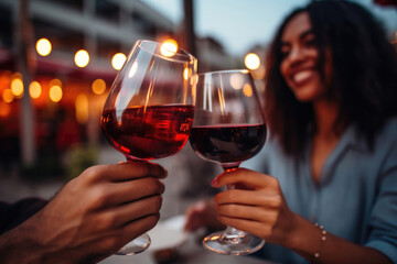 Close up of couple clinking glasses of red wine while having romantic date at restaurant, celebrating valentine' s day. Close up of male and female hands of lovers rising for a celebratory toast  - obrazy, fototapety, plakaty