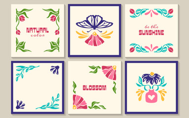 Groovy square posters with groovy butterfly, flowers in vase, botanical elements in matisse style. Trendy banners with abstract blossom and contemporary organic plants. Modern naive interior frames.