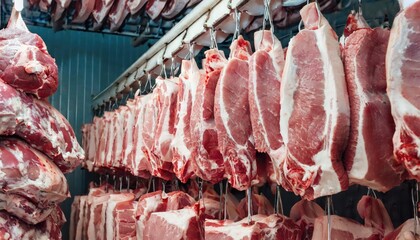 A lot of fresh raw pork meat hanging in a refrigerator, in a meat factory. Generated with AI