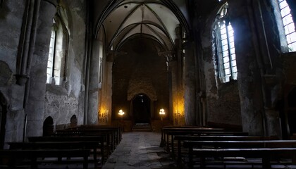 Fototapeta premium Exploring the abandoned gothic castle church revealed intricate indoor details. Generated with AI