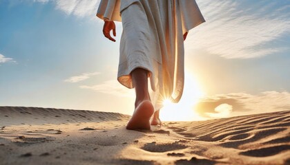 Close-up of the feet of Jesus walking on the sand towards the rising sun. Generated with AI - Powered by Adobe
